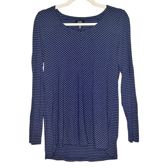 Jones New York Chevron Striped Long Sleeve V-Neck Top Womens S Navy Gold Classic - Picture 1 of 7